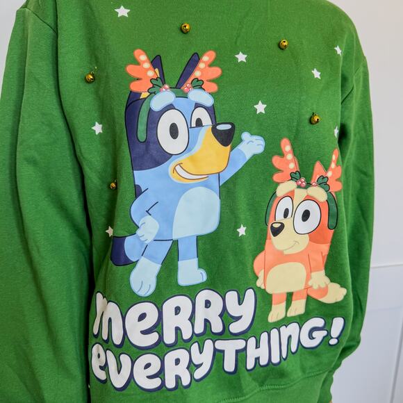 NWT-Bluey Christmas Crewneck Fleece Pullover Sweatshirt w Bells-Unisex SZ Small - Picture 2 of 7